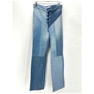 NWT EB DENIM Patchwork Lace Up Jeans Womens S Blue HR Straight Leg Festival Boho